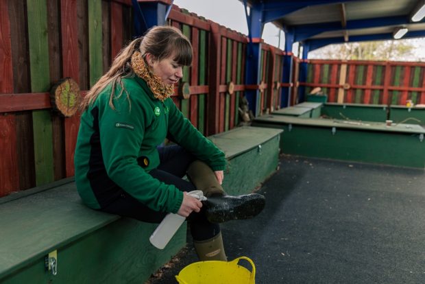 A Forestry Commission worker sits on a bench spraying the bottom of one of her boots with a spray bottle