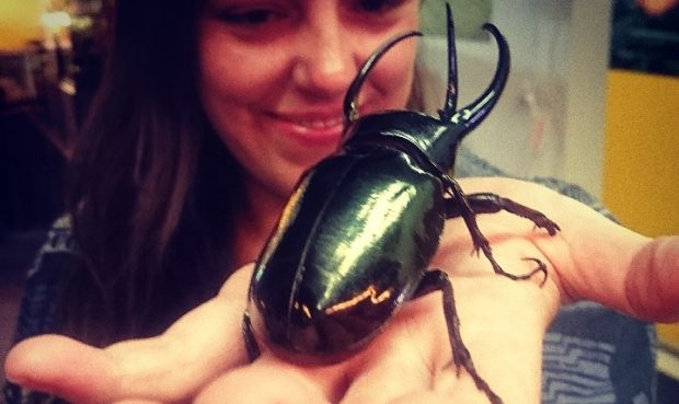 A woman holdsout her hand to the camara which has a large shiny green beetle sat on it