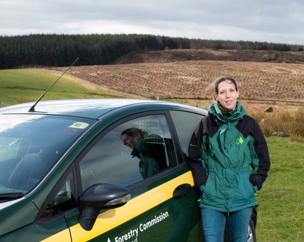 A woman wearing blue jeans and a green and black jacket stands by a green and yellow car parked in a field, looking directly at the camara