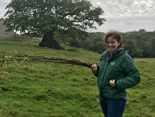 A woman wearing a green jacket and blue jeans stands in a field holding large willow branches. She is smiling at the camara