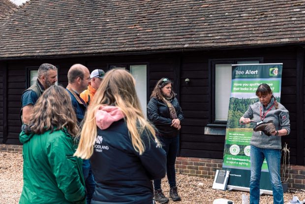 A group of people stand watching a woman brushing the bottom of a boot she is holding. A tree alert banner is behind her