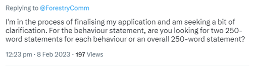 I'm in the process of finalising my application and am seeking a bit of clarification. For the behaviour statement, are you looking for two 250-word statements for each behaviour or an overall 250-word statement?