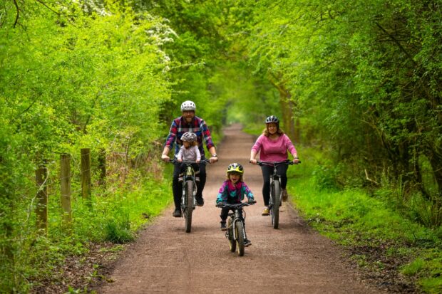 A man on a bike with a child seat and a child rides on a woodland path next to a woman wearing a pink top on a bike, and a child on bike rides in front