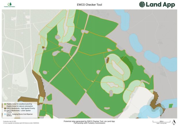 A screenshot of the new mapping tool in use showing eligible areas for woodland planting and other land areas surrounding it
